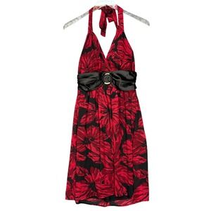 Roulette Dress Womens 8 Red‎ Gold Halter Floral Sleeveless Party Cocktail Lined